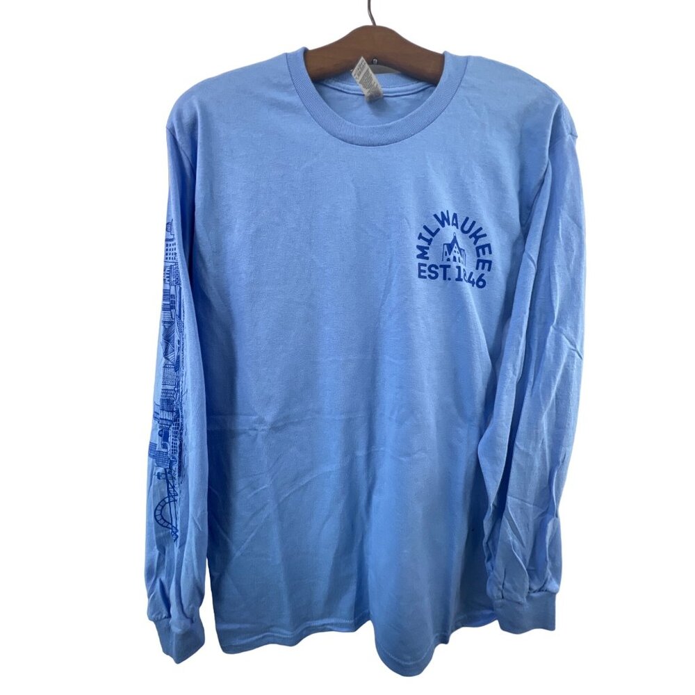 Milwaukee 1846 TShirt Size Medium Long Sleeve Blue Graphic Print Light Cotton